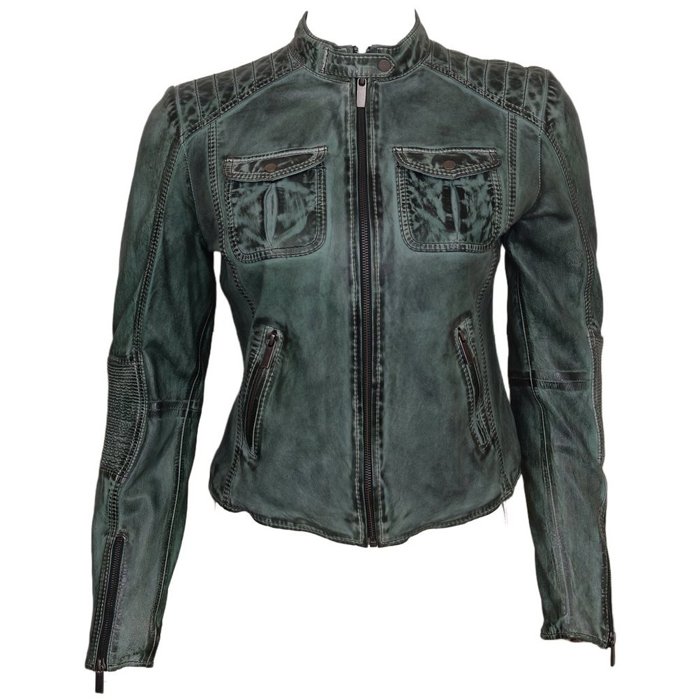 Women's Leather Green Biker Jacket